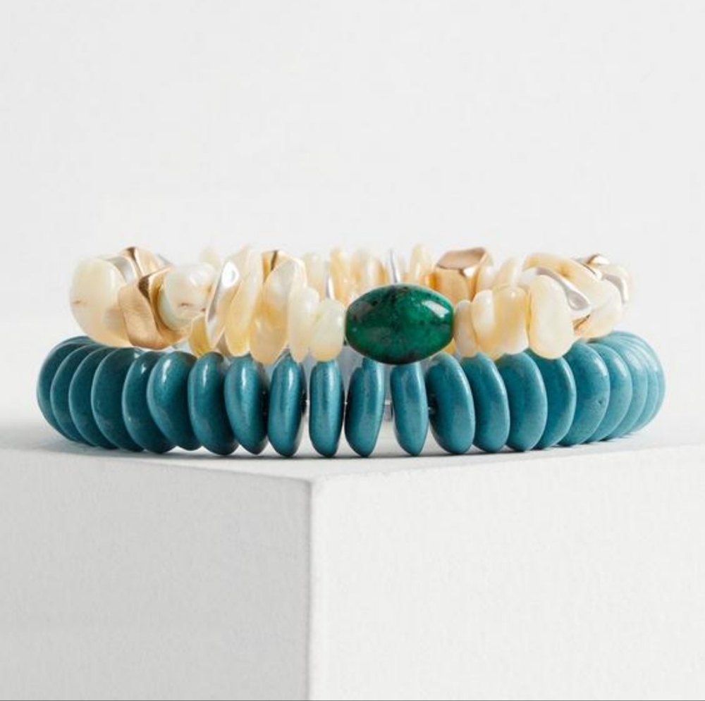 Torrid stone beads & shell stretchy bracelet set, 3/4, blue/ white